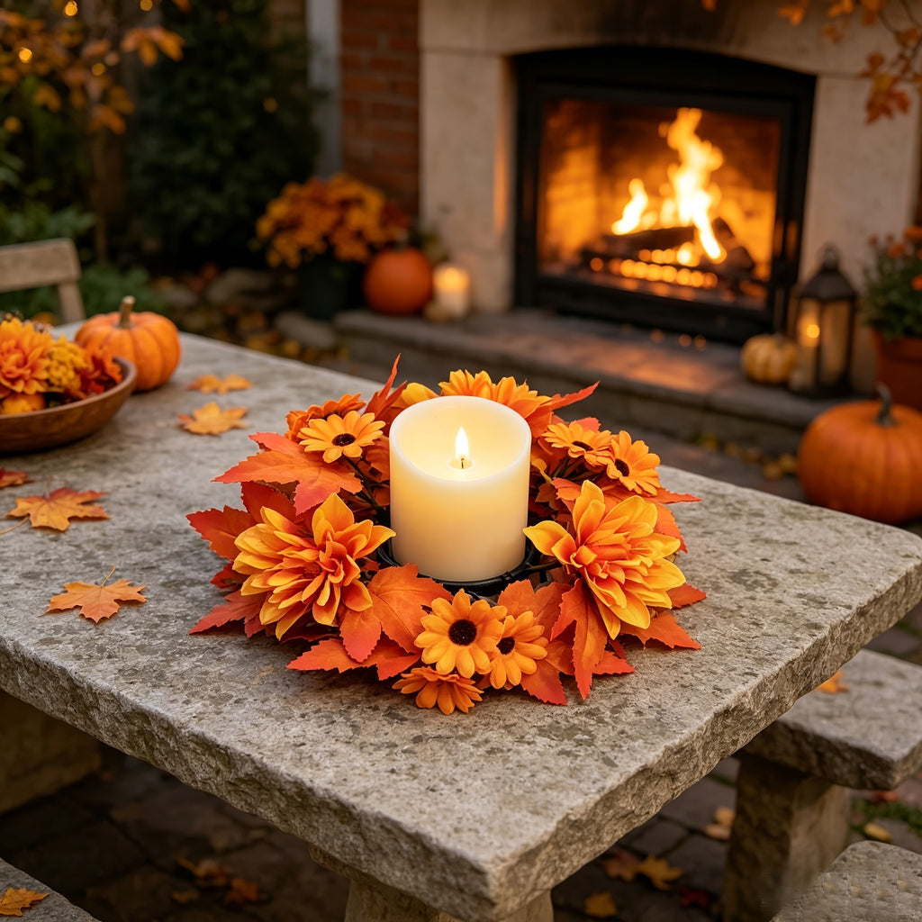 Artificial Flower Wreath with Maple Leaves and Sunflowers, Table Centerpiece for Living Room, Thanksgiving and Harvest Festival Decoration, Candle Holder Wreath