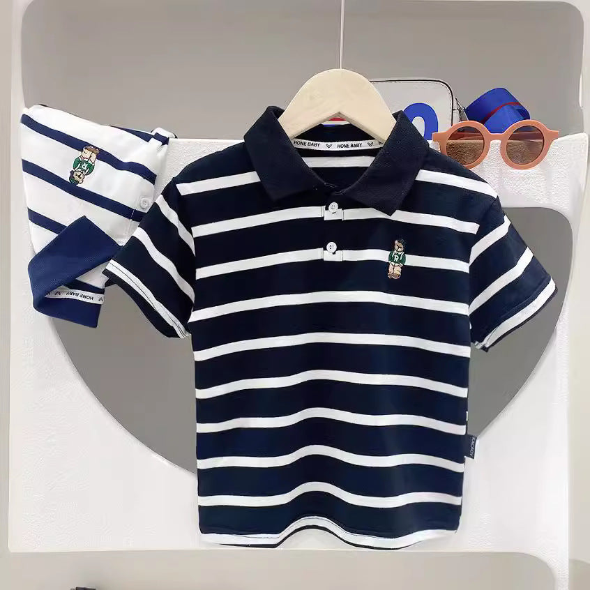 Short Sleeve T-Shirt Turn-Down Collar Striped Baby Trendy T-Shirt for Kids