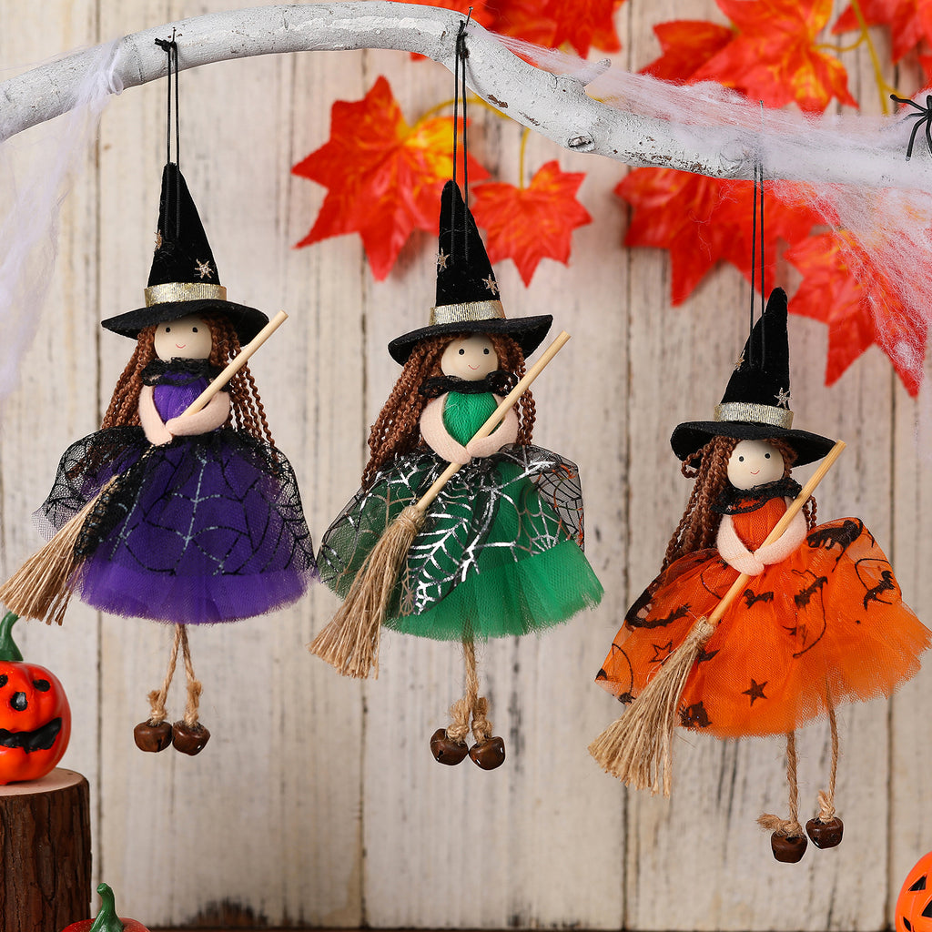Halloween Mesh Broom Witch Girl Angel Decoration Hanging Bell Doll Christmas Tree Ornament