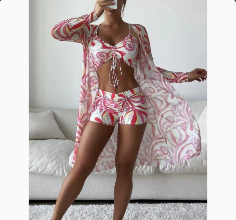 Fashionable Sexy Mesh Cover-Up with Leg-Length Briefs Three-Piece Swimwear Set for Women