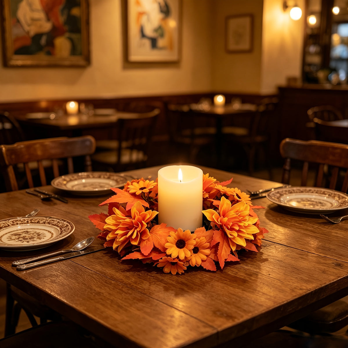 Artificial Flower Wreath with Maple Leaves and Sunflowers, Table Centerpiece for Living Room, Thanksgiving and Harvest Festival Decoration, Candle Holder Wreath