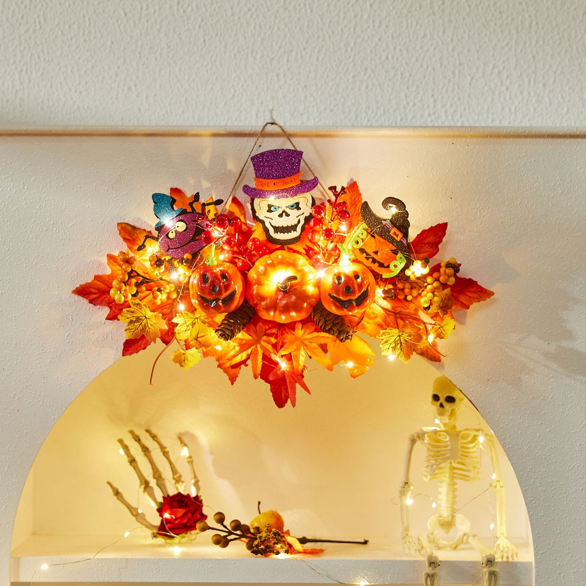 Halloween Decoration Autumn Color Pumpkin Wreath Maple Leaf Harvest Festival Door Hanging Ghost Festival Scene Decoration Light-Up Hanging Ornament Lighting Decor