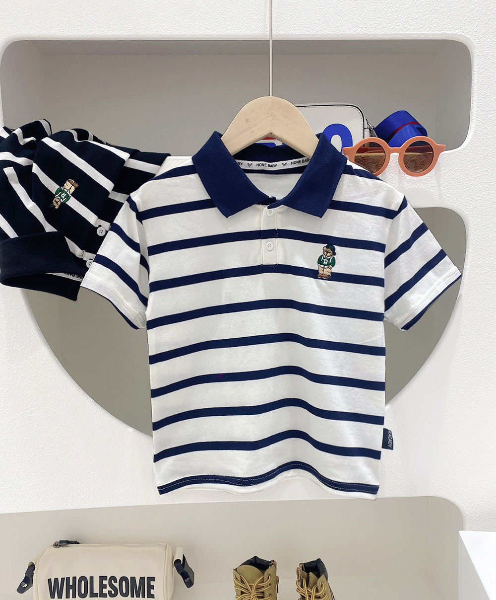 Short Sleeve T-Shirt Turn-Down Collar Striped Baby Trendy T-Shirt for Kids