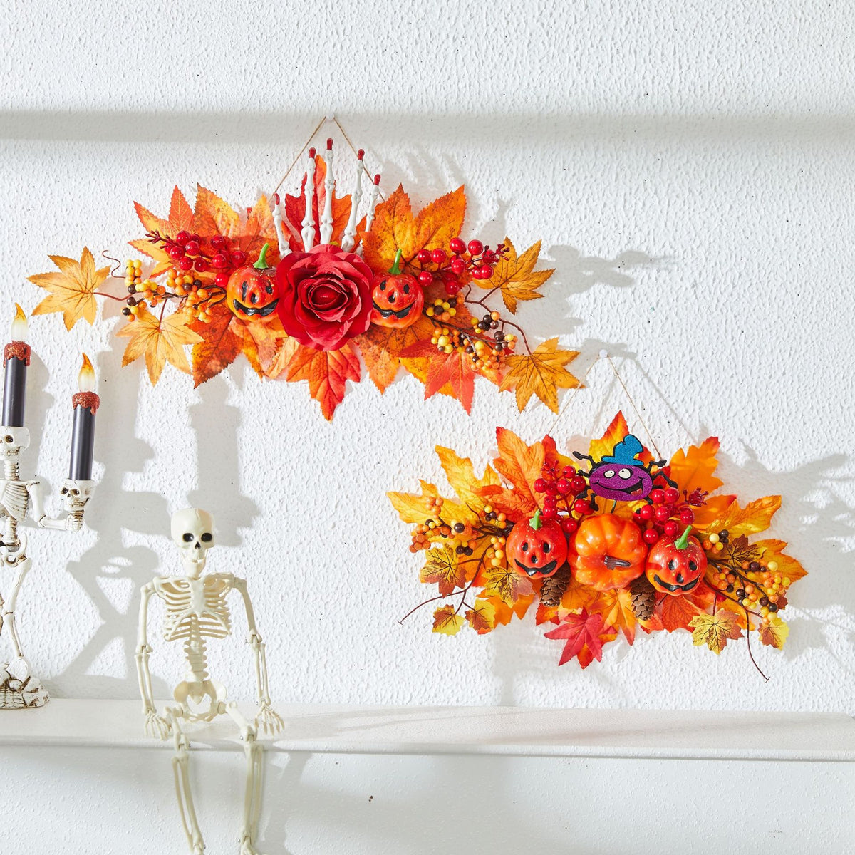 Halloween Decoration Autumn Color Pumpkin Wreath Maple Leaf Harvest Festival Door Hanging Ghost Festival Scene Decoration Light-Up Hanging Ornament Lighting Decor