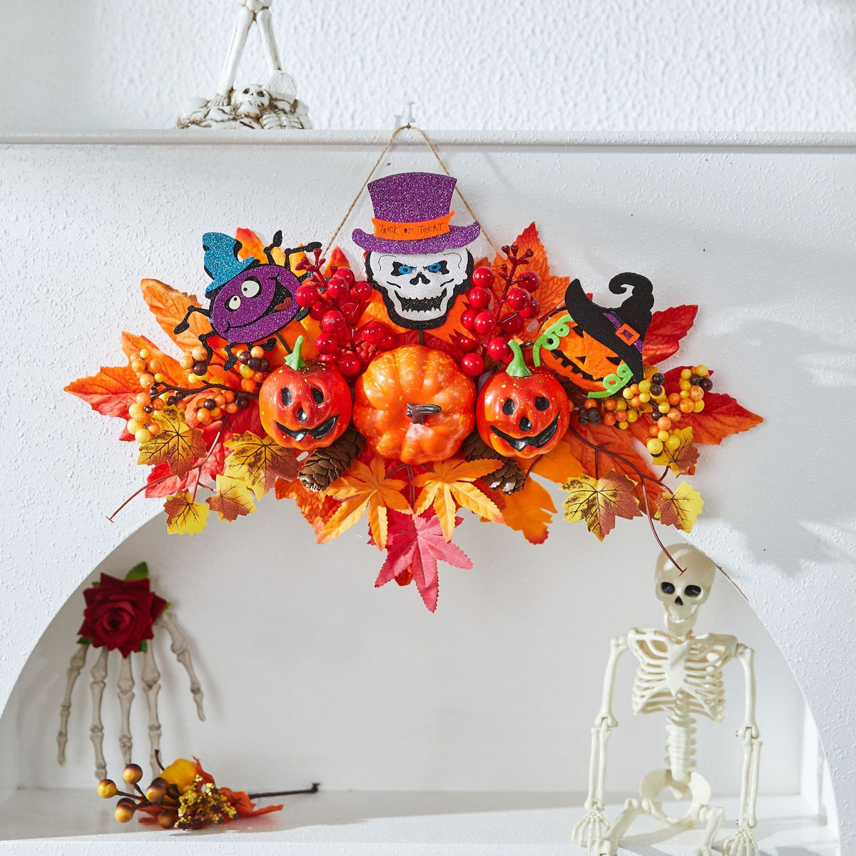 Halloween Decoration Autumn Color Pumpkin Wreath Maple Leaf Harvest Festival Door Hanging Ghost Festival Scene Decoration Light-Up Hanging Ornament Lighting Decor