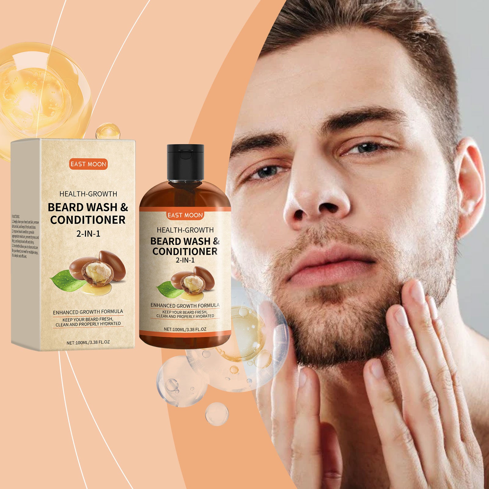 East Moon 2 In 1 Facial Hair Conditioner, Men's Facial Hair Gentle Cleaning Care Repair And Frizz Nourishing