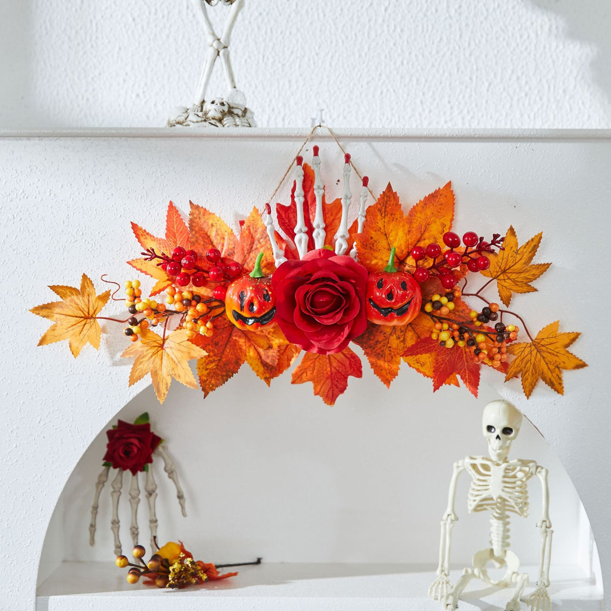 Halloween Decoration Autumn Color Pumpkin Wreath Maple Leaf Harvest Festival Door Hanging Ghost Festival Scene Decoration Light-Up Hanging Ornament Lighting Decor