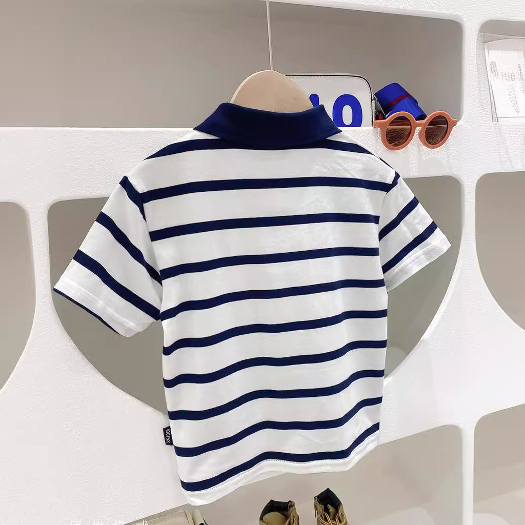 Short Sleeve T-Shirt Turn-Down Collar Striped Baby Trendy T-Shirt for Kids