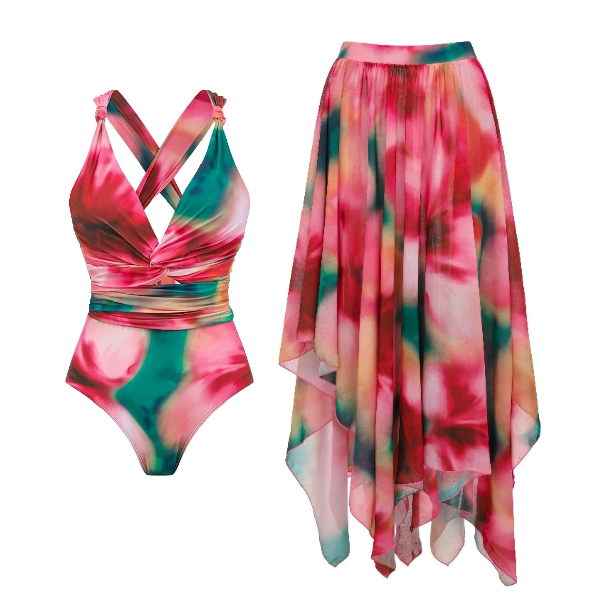 Fashion V-Neck Cross-Back Tie Dye One-Piece Swimwear Set for Women