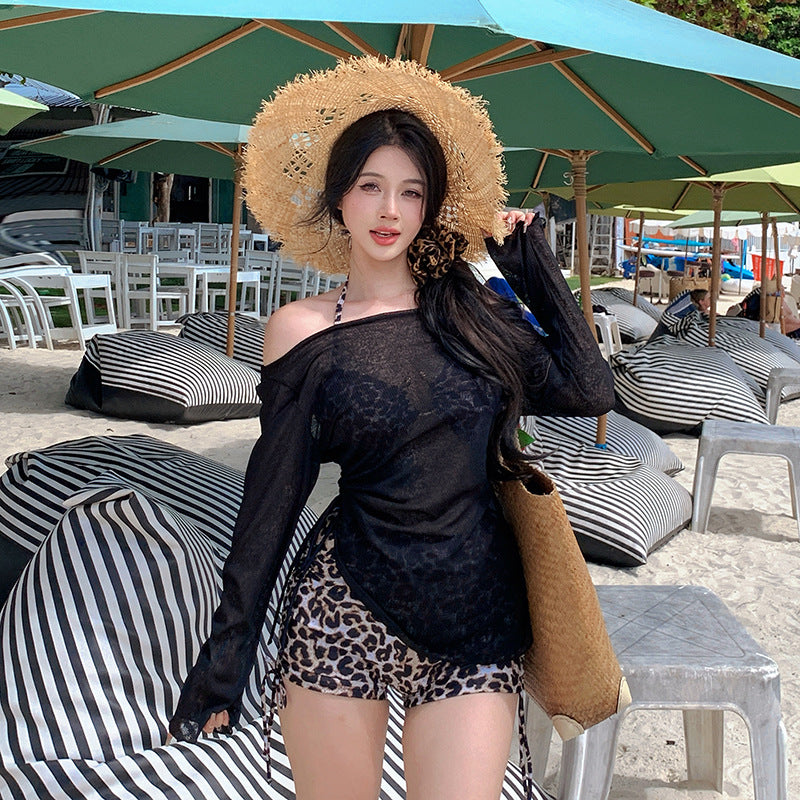 New Style Separated High-Waisted Skirt Bikini Three-Piece Set with Long Sleeve Cover-Up Plus Size Swimsuit for Women, Slimming Design for Curvy Body Types