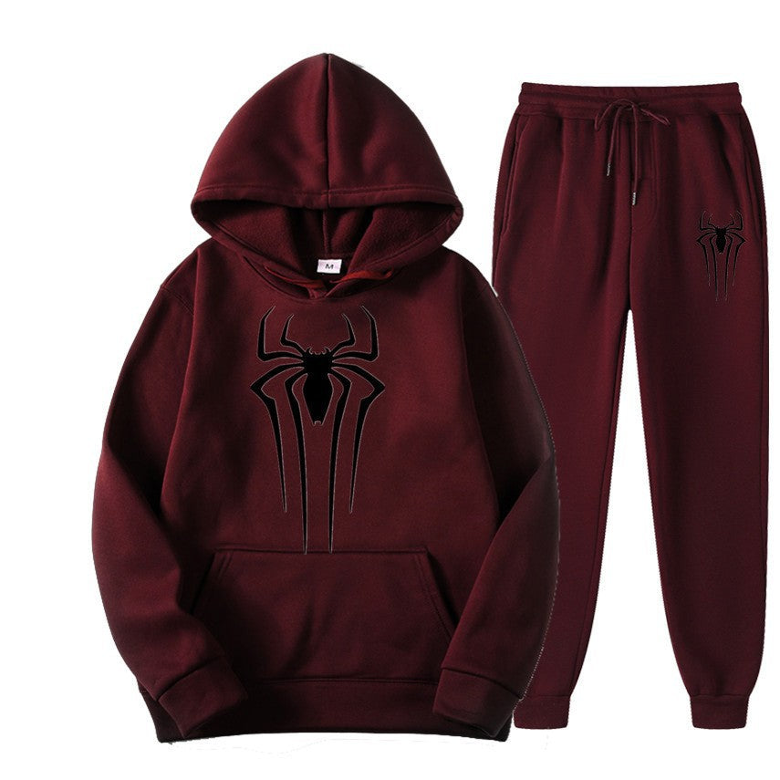 men's casual sportswear set, spider print, fleece-lined thickened tracksuit, cool and stylish