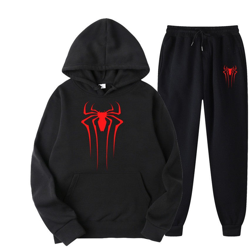 men's casual sportswear set, spider print, fleece-lined thickened tracksuit, cool and stylish