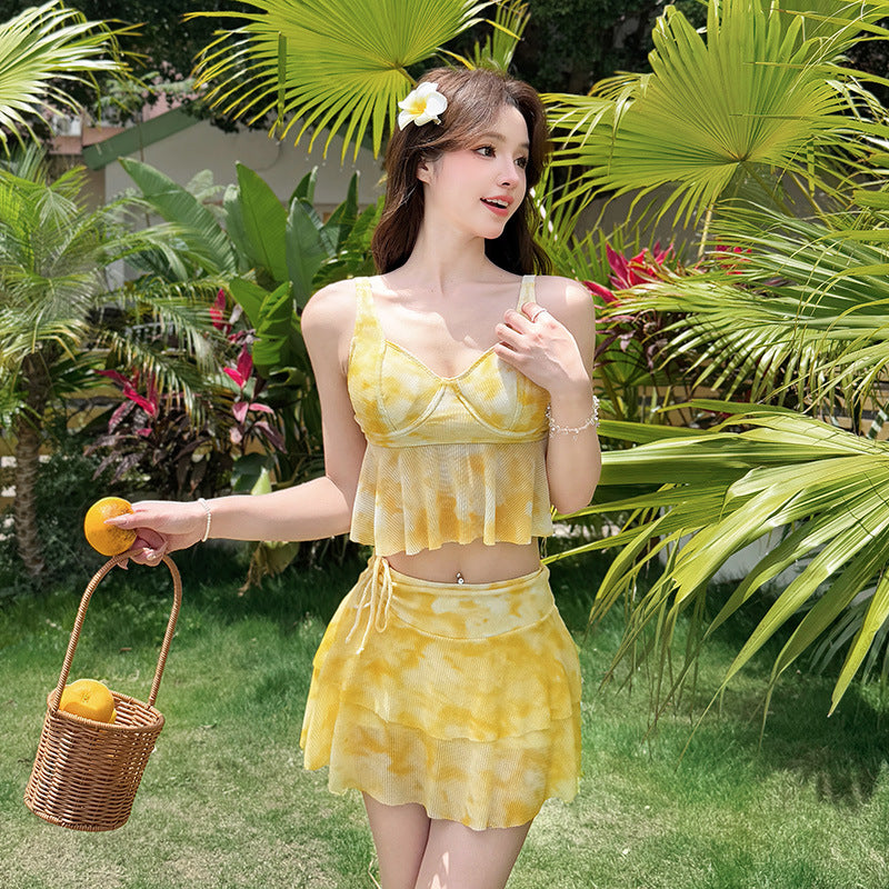 Vacation Style Long Sleeve Plus Size Swimwear Women's Separated Skirt Four-Piece Bikini for Curvy Body Type, Slimming and Coverage