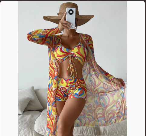 Fashionable Sexy Mesh Cover-Up with Leg-Length Briefs Three-Piece Swimwear Set for Women
