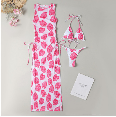 Bikini Swimwear Set, Solid Color Long Dress, Sexy Three-Piece Separated Swimsuit for Women