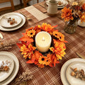 Artificial Flower Wreath with Maple Leaves and Sunflowers, Table Centerpiece for Living Room, Thanksgiving and Harvest Festival Decoration, Candle Holder Wreath