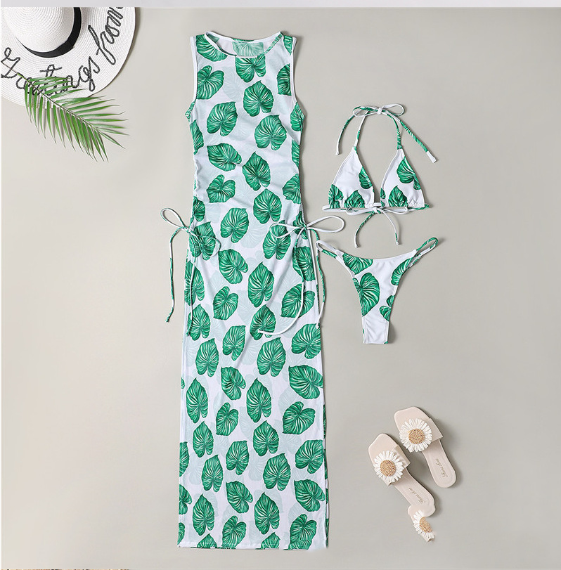 Bikini Swimwear Set, Solid Color Long Dress, Sexy Three-Piece Separated Swimsuit for Women