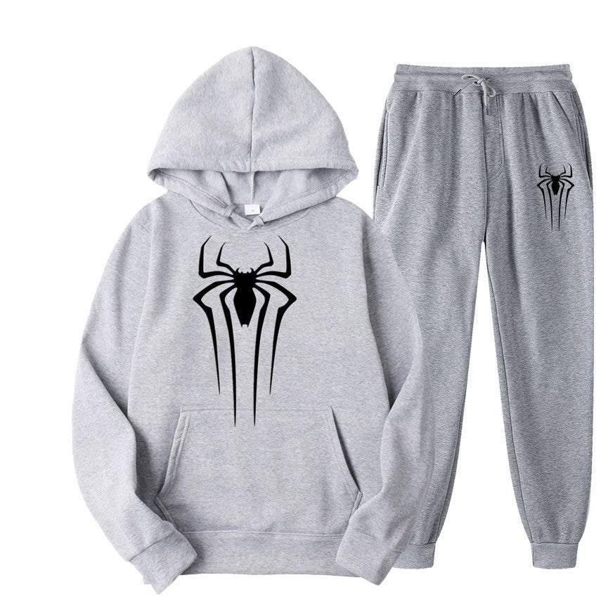 men's casual sportswear set, spider print, fleece-lined thickened tracksuit, cool and stylish