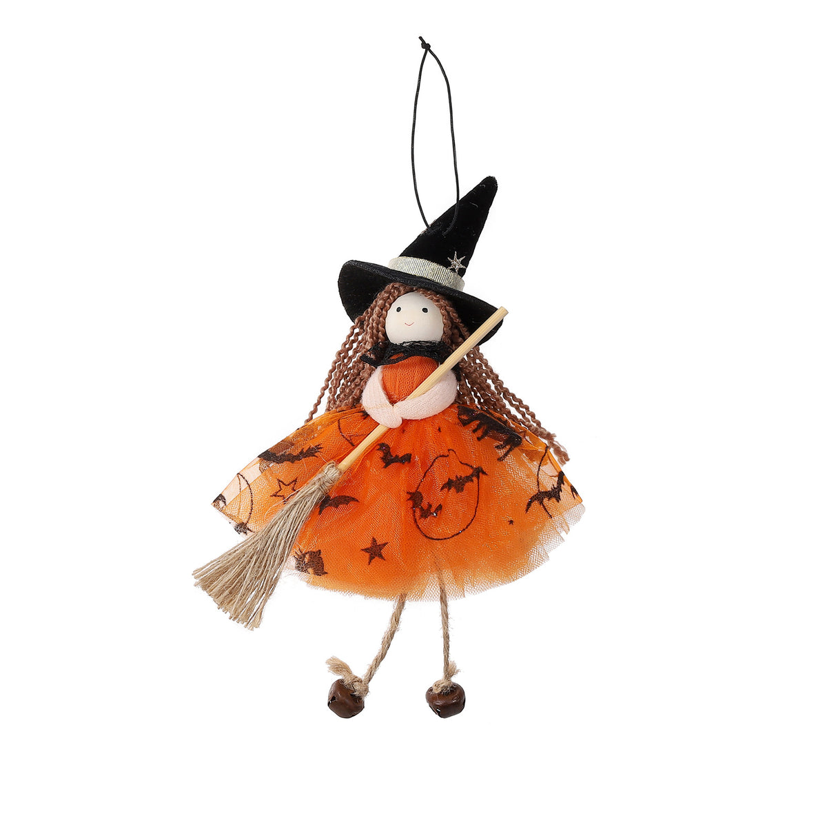 Halloween Mesh Broom Witch Girl Angel Decoration Hanging Bell Doll Christmas Tree Ornament