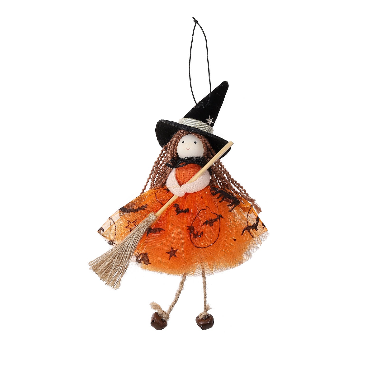 Halloween Mesh Broom Witch Girl Angel Decoration Hanging Bell Doll Christmas Tree Ornament