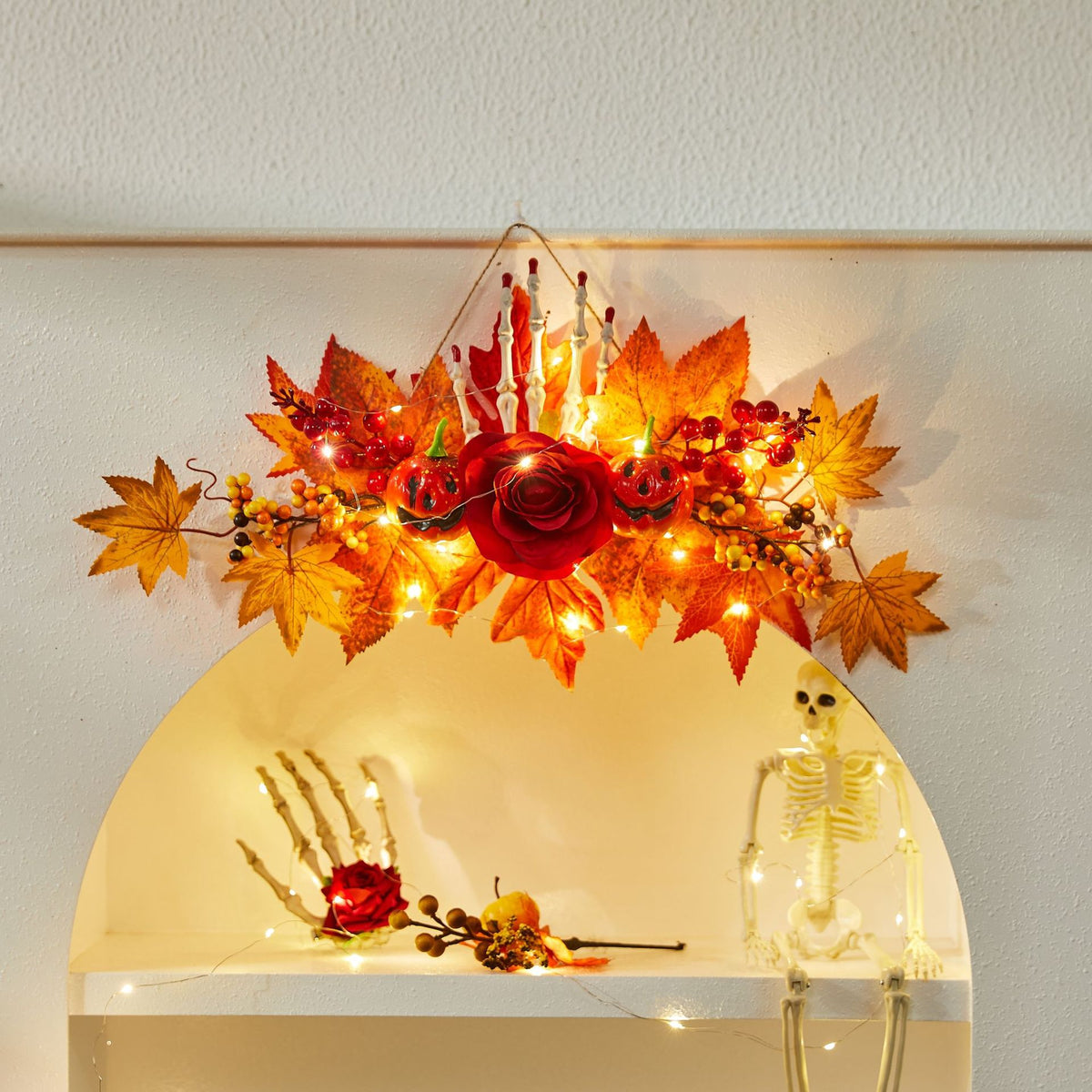 Halloween Decoration Autumn Color Pumpkin Wreath Maple Leaf Harvest Festival Door Hanging Ghost Festival Scene Decoration Light-Up Hanging Ornament Lighting Decor