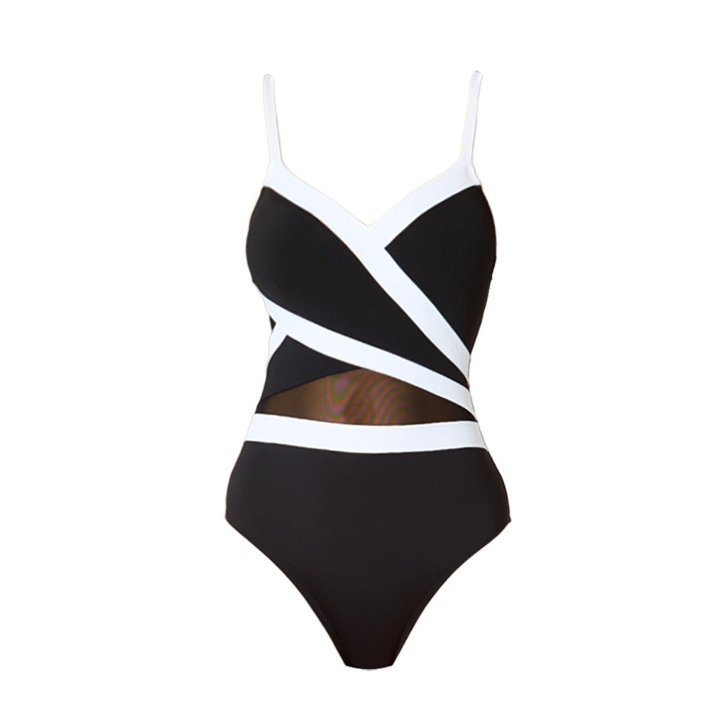 Sexy Black and White Contrast Mesh Spliced Bikini Set for Women, Cross-Over DesignStyle Swimwear