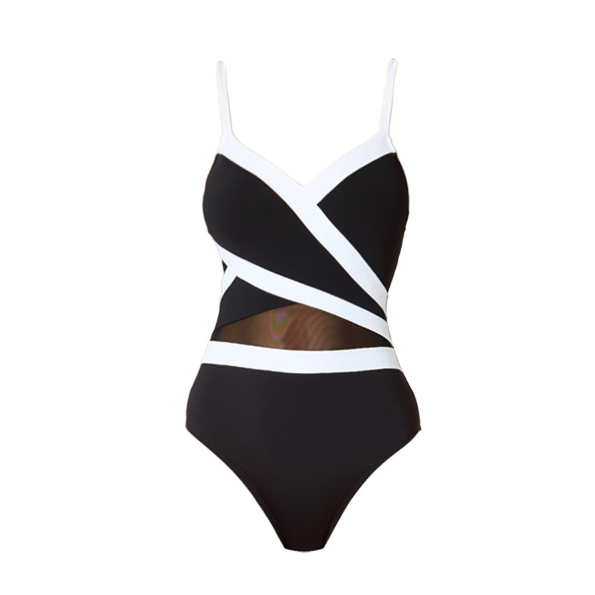 Sexy Black and White Contrast Mesh Spliced Bikini Set for Women, Cross-Over DesignStyle Swimwear