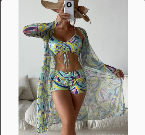 Fashionable Sexy Mesh Cover-Up with Leg-Length Briefs Three-Piece Swimwear Set for Women