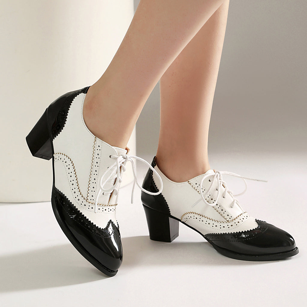 Autumn/Winter High Heel Chunky Heel Color Block Burnt Flower Front Lace-Up Brogue Shoes Made to order, ships in 7 days