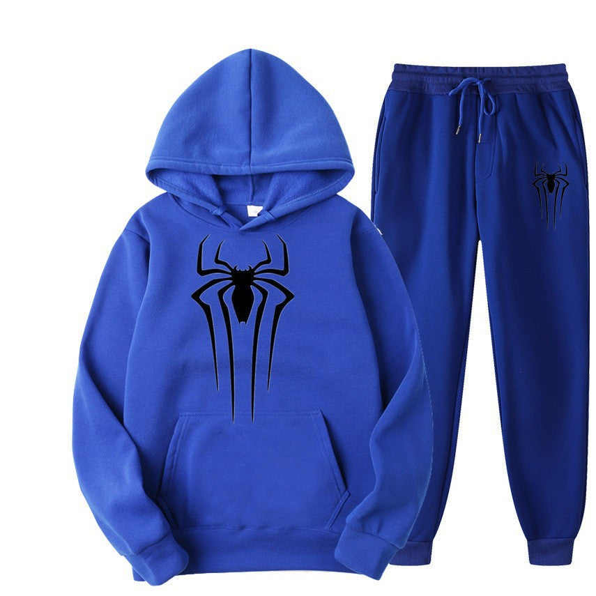 men's casual sportswear set, spider print, fleece-lined thickened tracksuit, cool and stylish