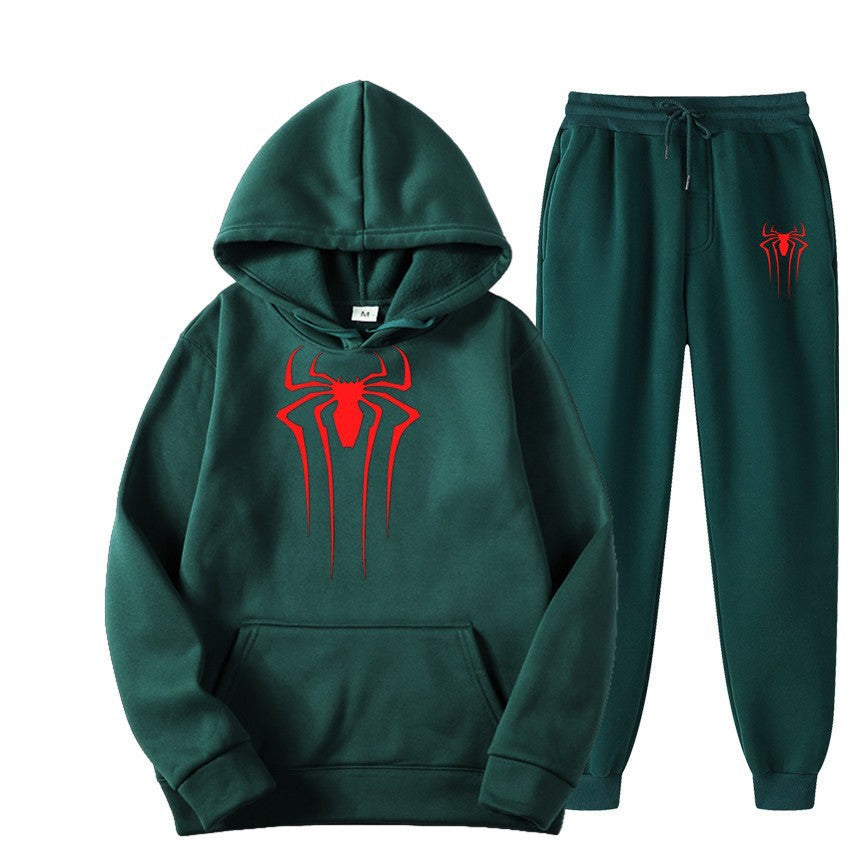 men's casual sportswear set, spider print, fleece-lined thickened tracksuit, cool and stylish