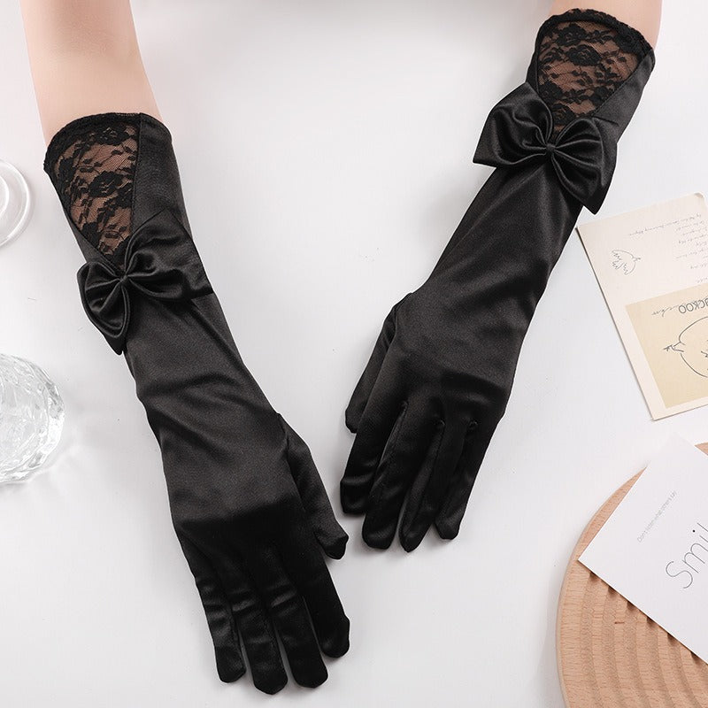 Cross-border Black Lace Gloves Celebrity Wedding Bride Sunscreen Thin Stage Singer Etiquette Long Bow Gloves