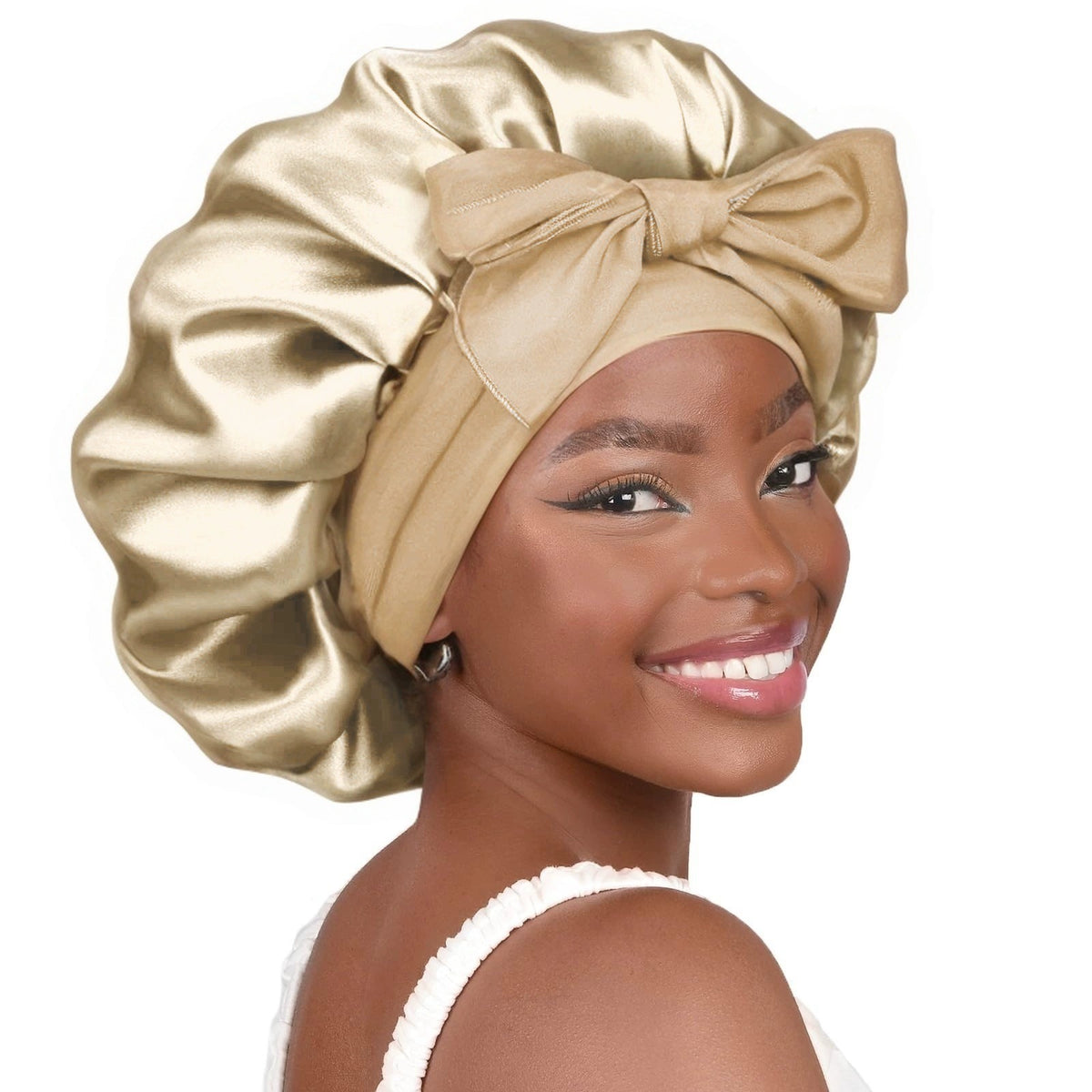 Cross-Border Popular Satin Ribbon Round Hat with Bow, Imitation Silk Beauty and Hair Care Wide-Brimmed Hat, Single-Layer Satin Sleep Cap