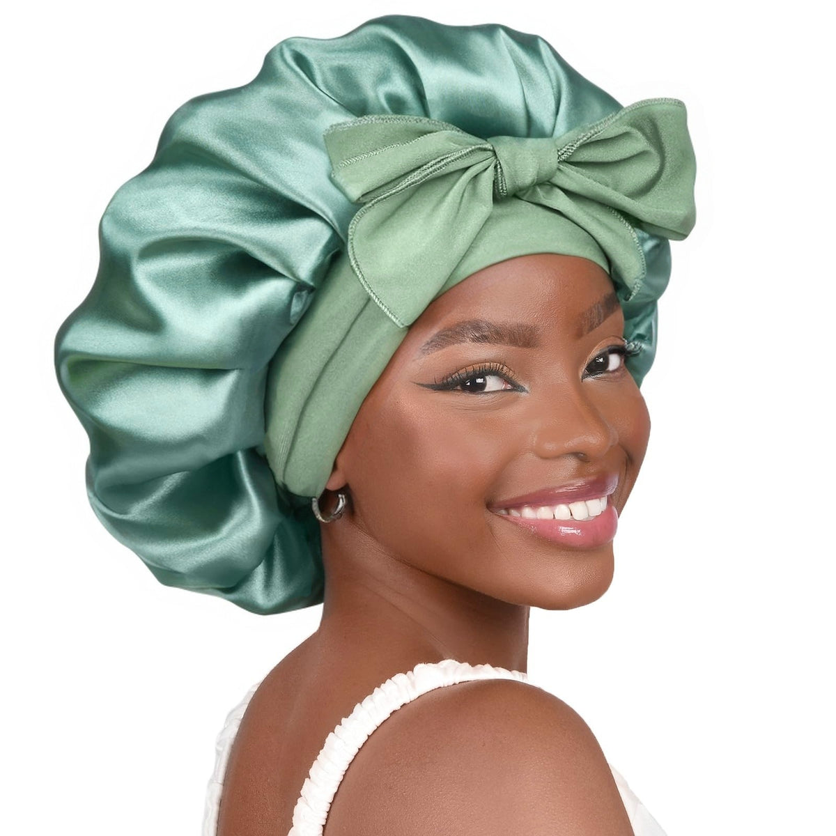 Cross-Border Popular Satin Ribbon Round Hat with Bow, Imitation Silk Beauty and Hair Care Wide-Brimmed Hat, Single-Layer Satin Sleep Cap