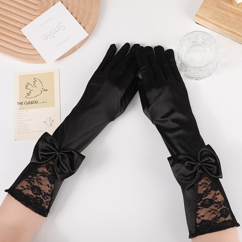 Cross-border Black Lace Gloves Celebrity Wedding Bride Sunscreen Thin Stage Singer Etiquette Long Bow Gloves