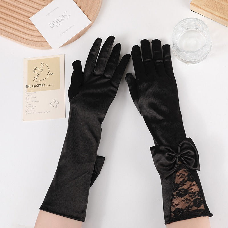 Cross-border Black Lace Gloves Celebrity Wedding Bride Sunscreen Thin Stage Singer Etiquette Long Bow Gloves