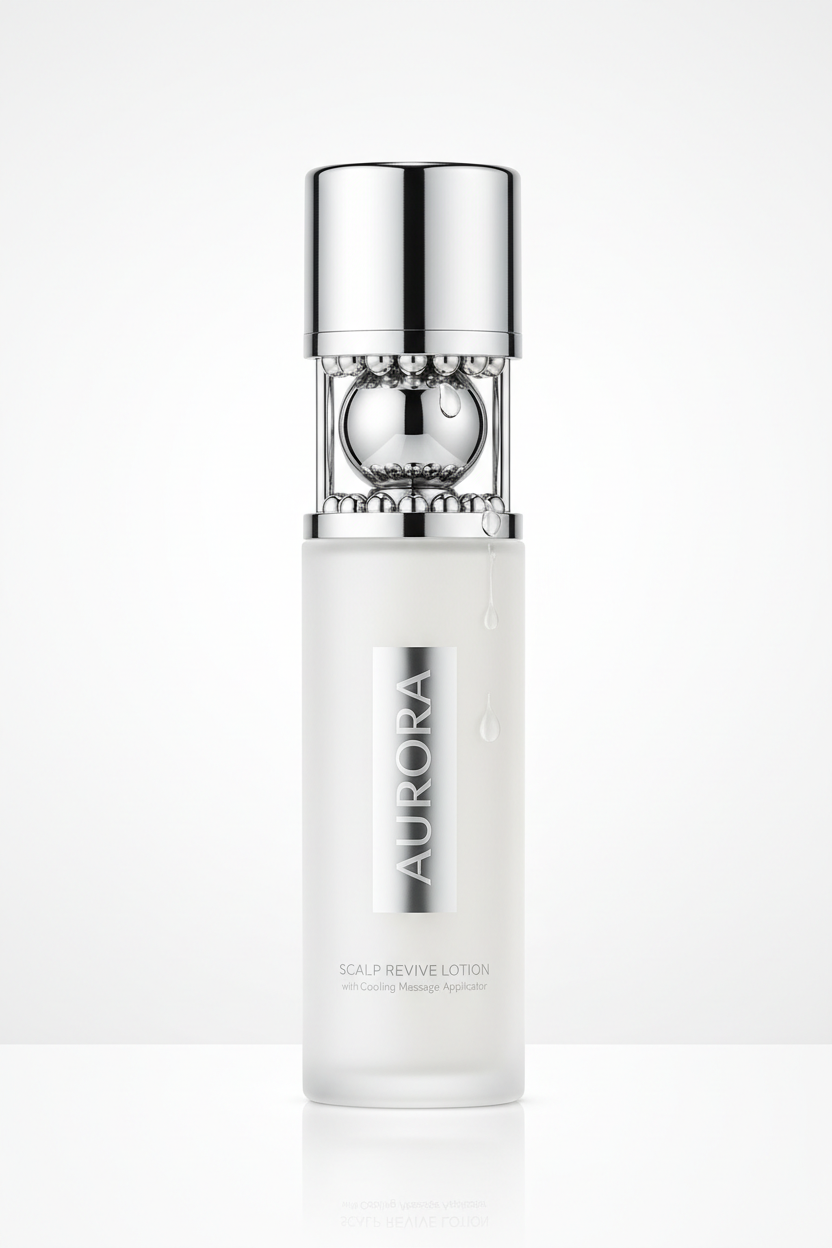 Hair care lotion bottle with massage ball roller on white studio background